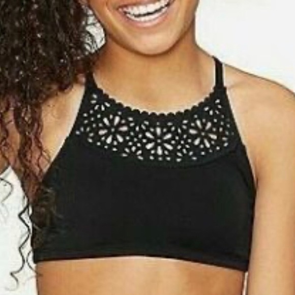 JUSTICE Girl's Laser Cut High Neck Bikini Swim 12 BLACK - Picture 2 of 8